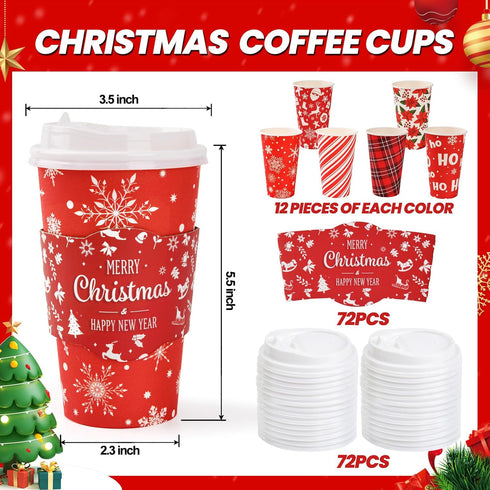 Lingringdcy 72 Set Christmas Disposable Coffee Cups with Lids and Sleeves Snowflake Reindeer Paper Drinking To Go Cups