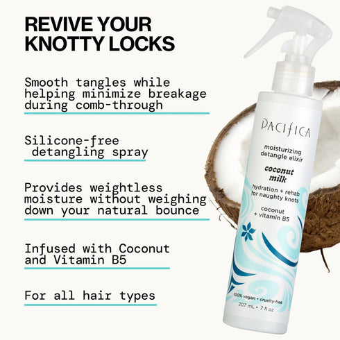 Pacifica Coconut Milk Hair Detangler Spray, Leave-In Conditioning Elixir for Tangle-Free Hair