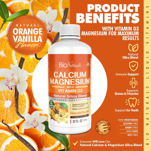 Calcium & Magnesium Liquid Supplement with Vitamin D3 - Natural Formula, 32 fl oz