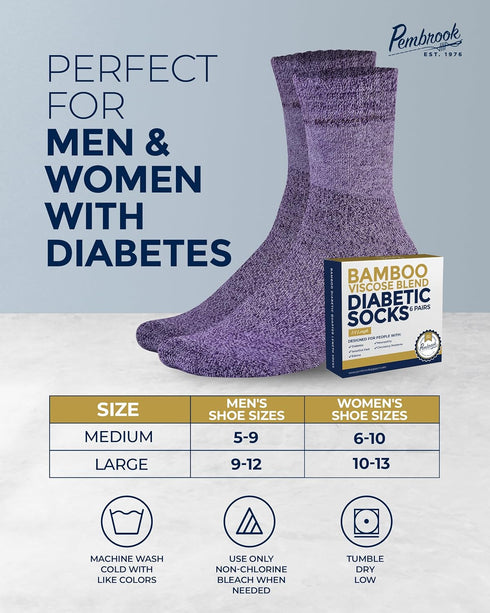 Pembrook Bamboo Viscose Diabetic Socks, 6 Pairs Ankle Socks for Swollen Feet, Neuropathy, Wide Calf and Ankle Socks