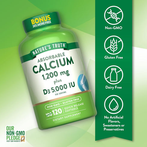 Nature's Truth Absorbable Calcium 1200 mg with Vitamin D3 5000 IU, 120 Softgels, Non-GMO & Gluten Free Supplement
