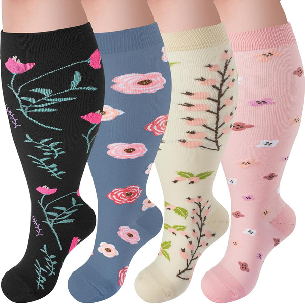 Tinojye 4 Pairs Plus Size Compression Socks,Extra Wide Calf 20-30 mmHg Knee High