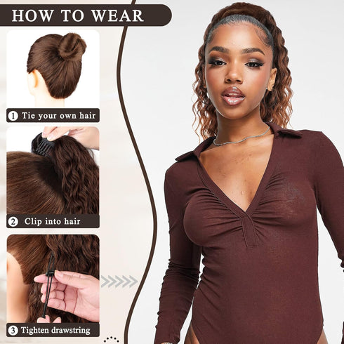 Curly Ponytail Extension Drawstring 16 Inch for Women, Natural Black Mixed Medium Auburn Clip-in Hairpiece