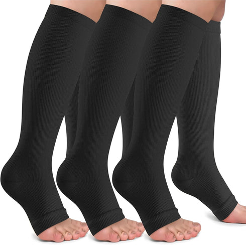 Tinojye Open Toe Compression Socks Women & Men-3 Pairs 20-30 mmHg Knee High