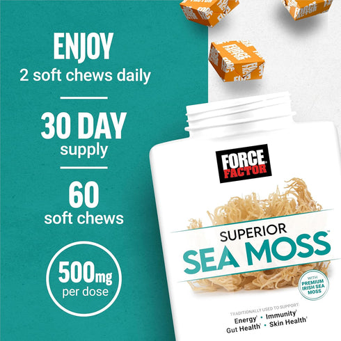 FORCE FACTOR Superior Sea Moss, 60 Soft Chews, Premium Irish Sea Moss for Energy, Immunity, Gut & Skin Health