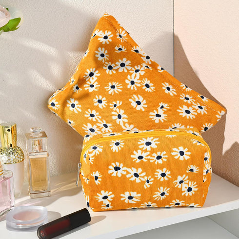 2 Pieces Little Flower Makeup Bag, Large Capacity Canvas Travel Toiletry Organizer for Women