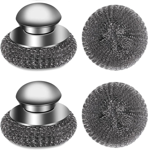 4pcs Steel Wool Scrubber Set, Stainless Steel Scrubber with Handle for Cast Iron, Pots, Pans, Sink
