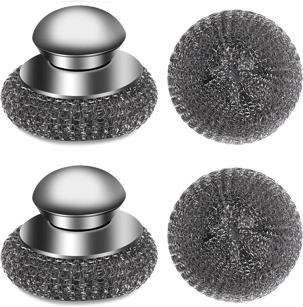 4pcs Steel Wool Scrubber Set, Stainless Steel Scrubber with Handle for Cast Iron, Pots, Pans, Sink