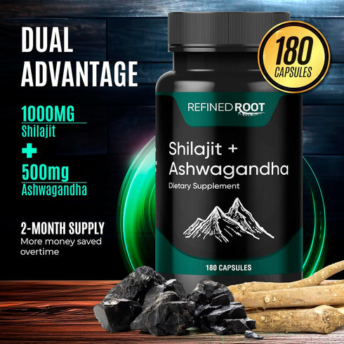 Shilajit Supplement 1000mg & Ashwagandha 500mg (180 Capsules) - Pure Himalayan Organic - Stronger than Resin