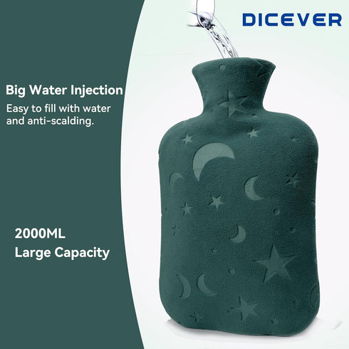 Hot Water Bottle with Soft Cover, 2L for Menstrual Cramps, Neck and Shoulder Pain Relief, Green