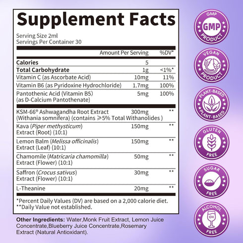 KSM-66 B5 B6, 2 FL.OZ, Cortisol Supplements for Women, Cortisol Reducer Manager Detox with Ashwagandha, Kava, Lemon