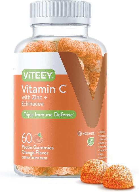 Viteey Vitamin C Gummies for Adults & Teens with Zinc & Echinacea - Vegan, Gelatin Free, Gluten Free, GMO Free, Tasty
