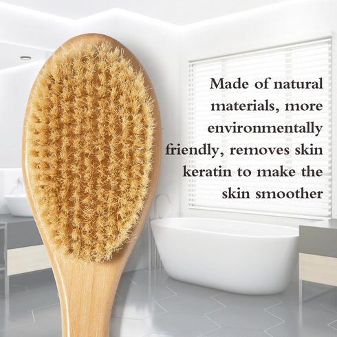 Bamboo Long Handle Back Scrubber Brush - Dry Body Scrubber for Skin, Blood Circulation, Cellulite Treatment