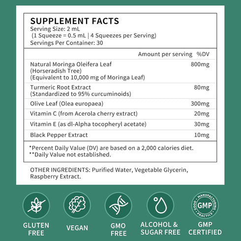 Herbance Immune 6X (2 Oz) Moringa Liquid Drops, Pure Moringa Supplements w. Turmeric, Olive Leaf, Black Pepper, Vitamin