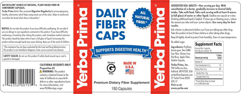 Yerba Prima Daily Fiber Caps, 180 Capsules, Soluble & Insoluble Dietary Fiber Supplement for Gut Health