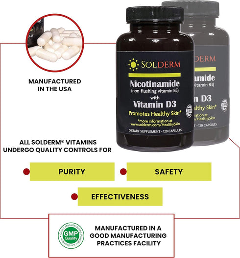 Nicotinamide Non-Flushing Vitamin B3 and D3 Supplement, Vegetarian and Gluten-Free, 60 Capsules, 500mg