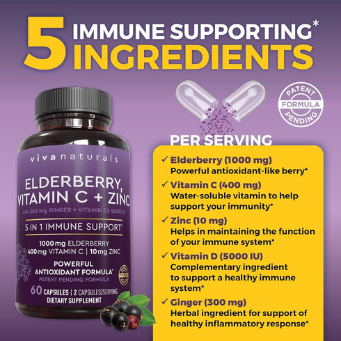 Viva Naturals Sambucus Elderberry with Zinc and Vitamin C for Adults - Vitamin D 5000 IU and Ginger - Immune Support