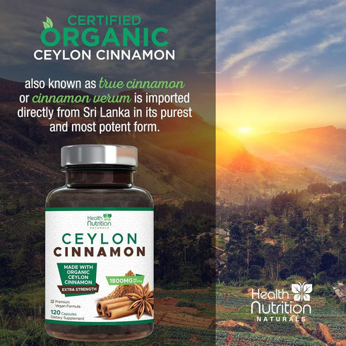 Pure Cinnamon Capsules 1800mg - Certified Organic Ceylon Cinnamon Powder, Non-GMO, Vegan, 120 Count Antioxidant Rich