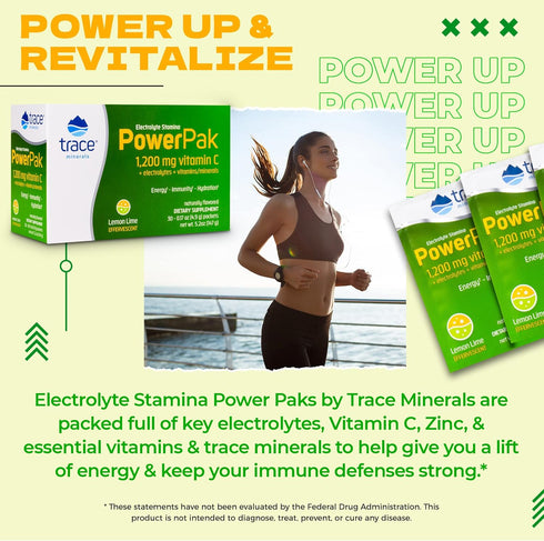 Trace Minerals Power Pak Electrolyte Powder Packets - 30 Packets - 1200 mg Vitamin C, Zinc, Magnesium