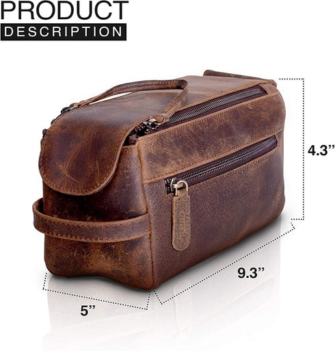 KomalC Premium Buffalo Leather Unisex Toiletry Bag, Travel Dopp Kit