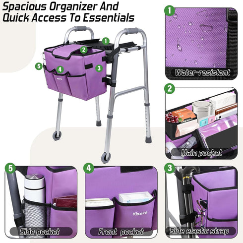 Vizava Upgrade Walker Basket with Tray, Detachable Walker Tray for Folding Walkers, Storage Bag with Cup & Cane Holder