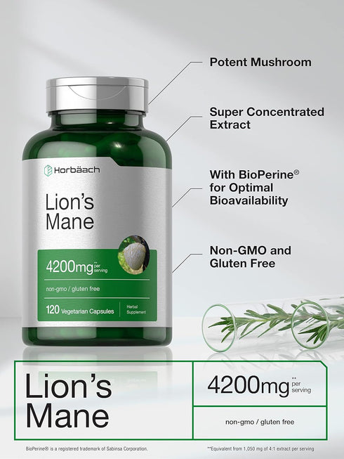 Horbaach Lions Mane Mushroom Extract - 4200mg, 120 Capsules, Vegetarian, Non-GMO, Gluten Free Supplement