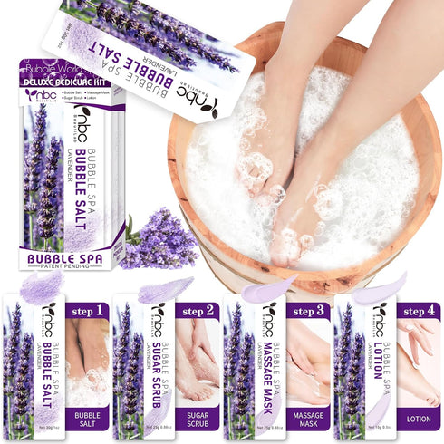 Pedicure Kit Foot Soak Set, 4 Step Foot Spa Kit with Bubble Salt, Sugar Scrub, Massage Mask, and Lotion (Lavender)