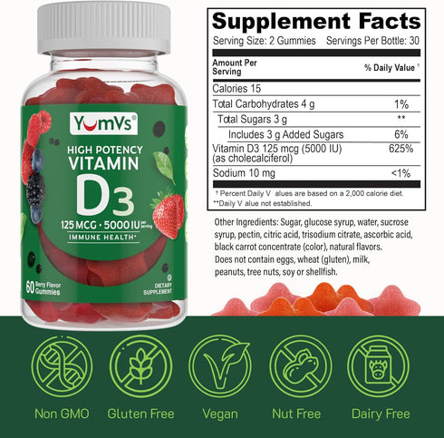 YumV's Vitamin D3 Jellies, 5000 IU, 60 Count, Daily Dietary Supplement, Mixed Berry Flavor, Vegetarian, Gluten-Free