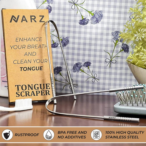 NARZ Professional Tongue Scraper for Bad Breath, Reusable Stainless Steel Cleaners with Dual Carved Handle for Adults &