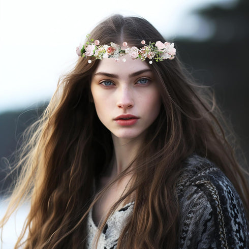 Vivivalue Floral Halo Boho Flower Headband, Floral Crown Headpiece for Wedding Party Prom Festival Pink