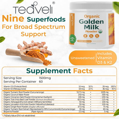 Organic Golden Milk Powder (Leche Dorada organica) with Turmeric, Ginger, Curcumin, Cinnamon, KSM66 Ashwagandha, Tulsi