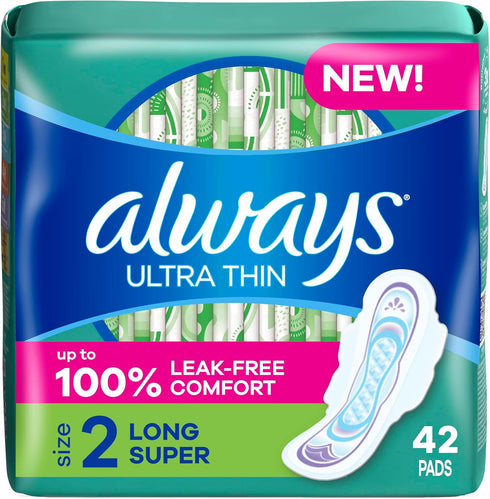 Always Ultra Thin Pads with Wings, Size 2, Long Super, 42 Count