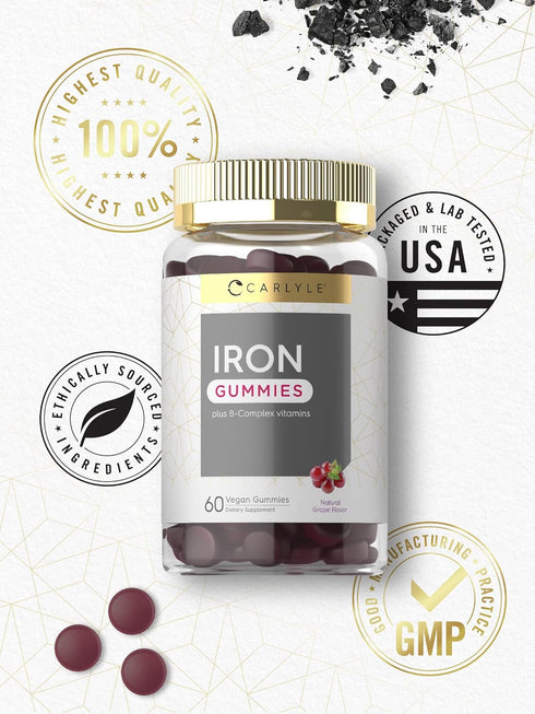 Carlyle Iron Gummies, 60 Vegan Gummies, Plus B-Complex Vitamins, Grape Flavor, Non-GMO, Gluten Free Supplement