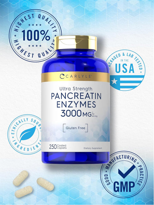 Carlyle Pancreatin Digestive Enzymes, 3000mg, 250 Caplets, Non-GMO, Gluten Free, High Potency Formula