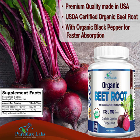Organic Beet Root Powder Tablets - 1350mg with Black Pepper for Faster Absorption - 60 Tablets for Energy and Stamina