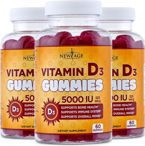 NEW AGE Vitamin D3 5000 IU 125mcg Gummies - Immune Support, Strong Bone Health - Non-GMO, Gluten-Free, Dairy-Free (180
