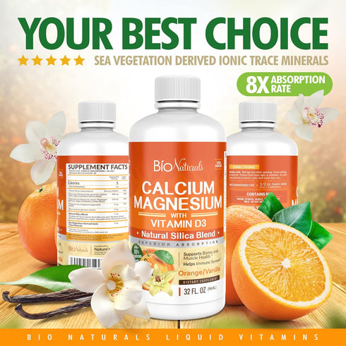 Calcium & Magnesium Liquid Supplement with Vitamin D3 - Natural Formula, 32 fl oz