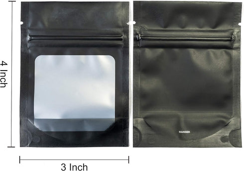 HANSER Smell Proof Odorless Mylar Resealable Foil Pouch Bags - 100 Pieces, 3x4 inches, Airtight, Matte Black