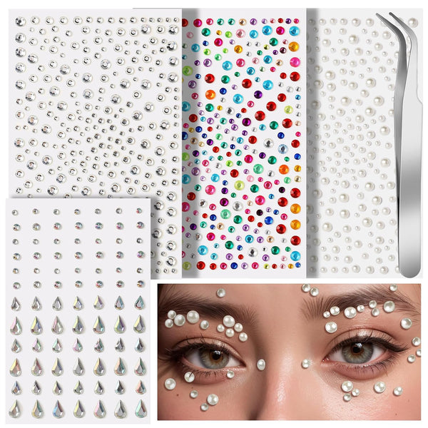 Teenitor Self Adhesive Face Gems and Pearls for Makeup, Festival Jewels, Rhinestone Stickers for Crafts