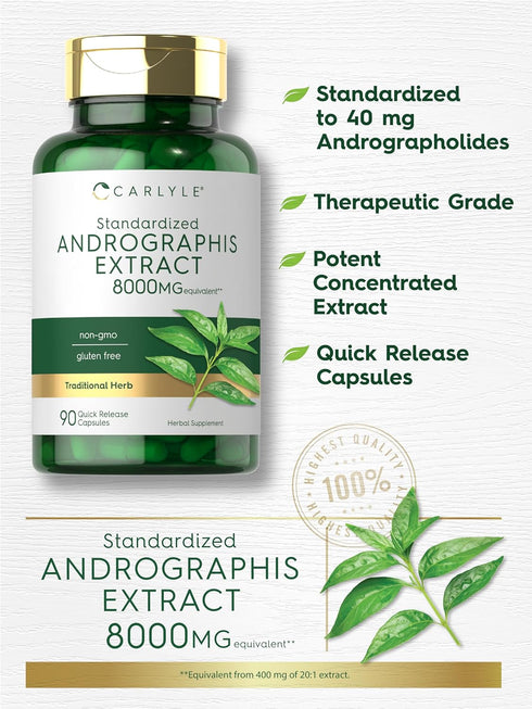 Carlyle Andrographis Paniculata Capsules | 8000 mg | 90 Count | Gluten Free & Non-GMO Supplement