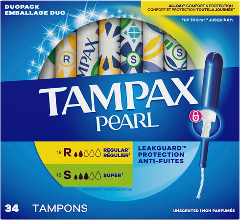 Multipack, 34 Count Tampax Pearl Tampons for Women with LeakGuard Braid, Regular/Super Absorbency, Unscented