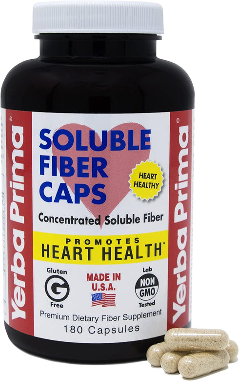 Yerba Prima Soluble Fiber Formula Capsules, 180 Count - Premium Gluten Free Dietary Fiber Supplement, Made in USA