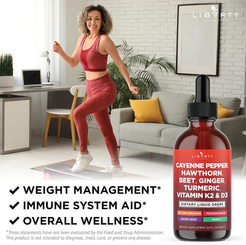 Liberty Lifestyle D3 K2 6oz Cayenne Pepper Supplement Liquid Drops + Hawthorn Berry, Vitamin Beet Root Powder, Ceylon