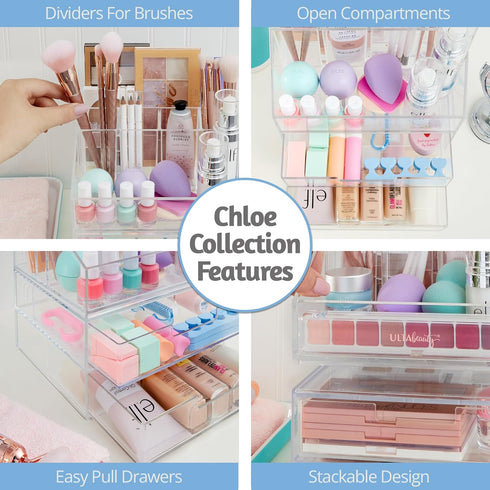 STORi Chloe Clear Plastic Stackable Vanity Makeup Organizer, 6-Compartment Holder for Cosmetics and Beauty Supplies