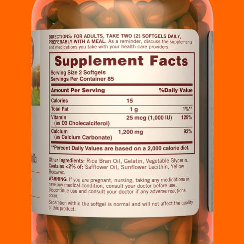 Sundown Calcium 1200 mg Plus Vitamin D3, Supports Bone, Teeth & Immune Health, 170 Softgels