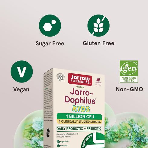 Jarrow Formulas Jarro-Dophilus Kids Probiotics, 60 Sugar-Free Raspberry-Flavored Chewable Tablets, 1 Billion CFU