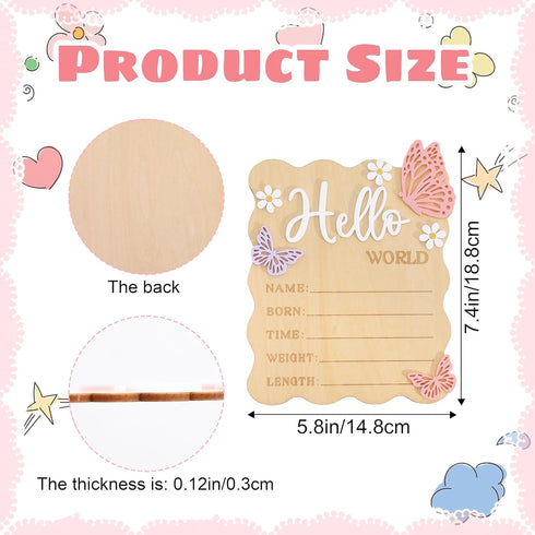 TERJIO Butterfly Daisy Hello Worid Board - Little Butterfly Birth Announcement Sign, Wooden Hello World Card