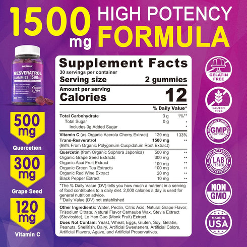 Resveratrol Gummies 1500mg - Resveratrol Supplement with Quercetin, Grape Seed, Red Wine, Black Pepper Extracts Support Antioxidant, Healthy Aging & Brain Wellness - Vegan, Natural Grape Flavor, 60Ct