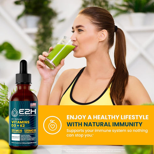 E2H EARTH TO HUMANS Vitamin D3 & K2 Supplement - Liquid Vitamin D3 5000 IU - Non-GMO, Vegan - (2 Bottles)