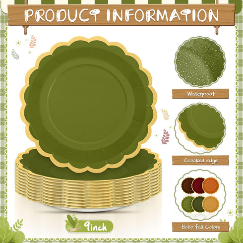 Tiangrid 48 9 Inch 6 Pcs Green and Brown Paper Plates Gradient Woodland Scalloped Paper Plates Disposable Dinner
